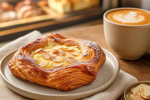 Warm latte and pastry for a workspace session